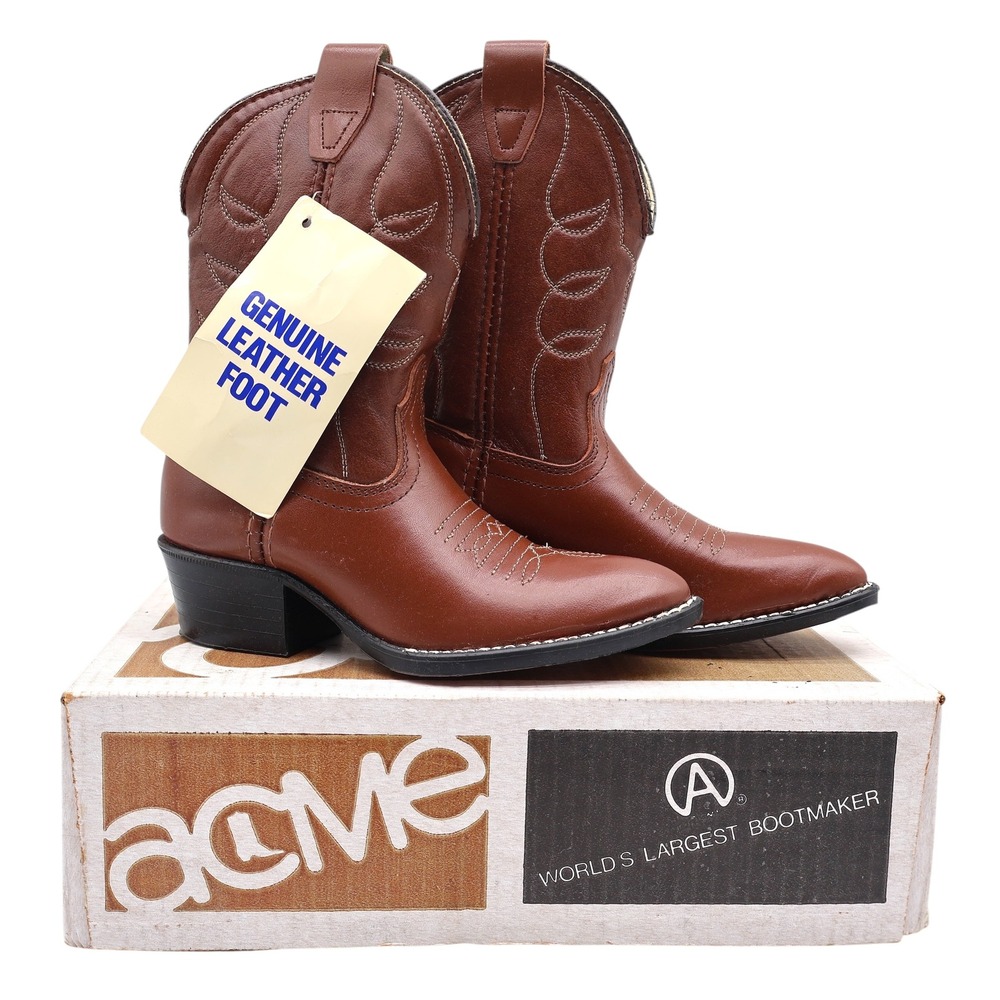Acme Cowboy Boots Kids Size 10 D Vintage Brown Leather Made in USA NIB 2406